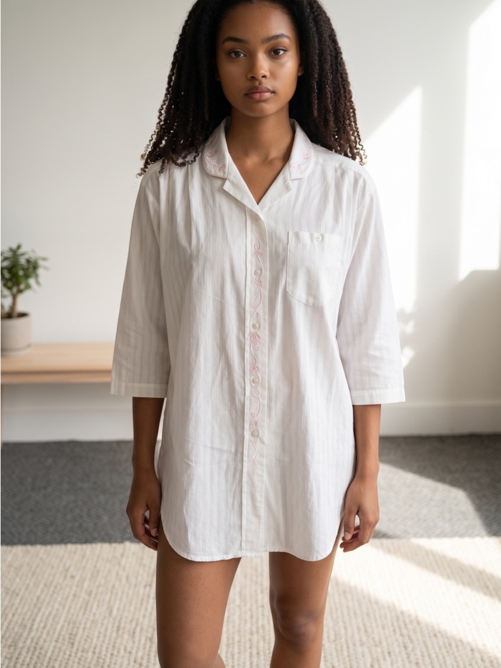 Vanity Fair For Eatons White Button-Up Nightshirt with Pink Embroidery